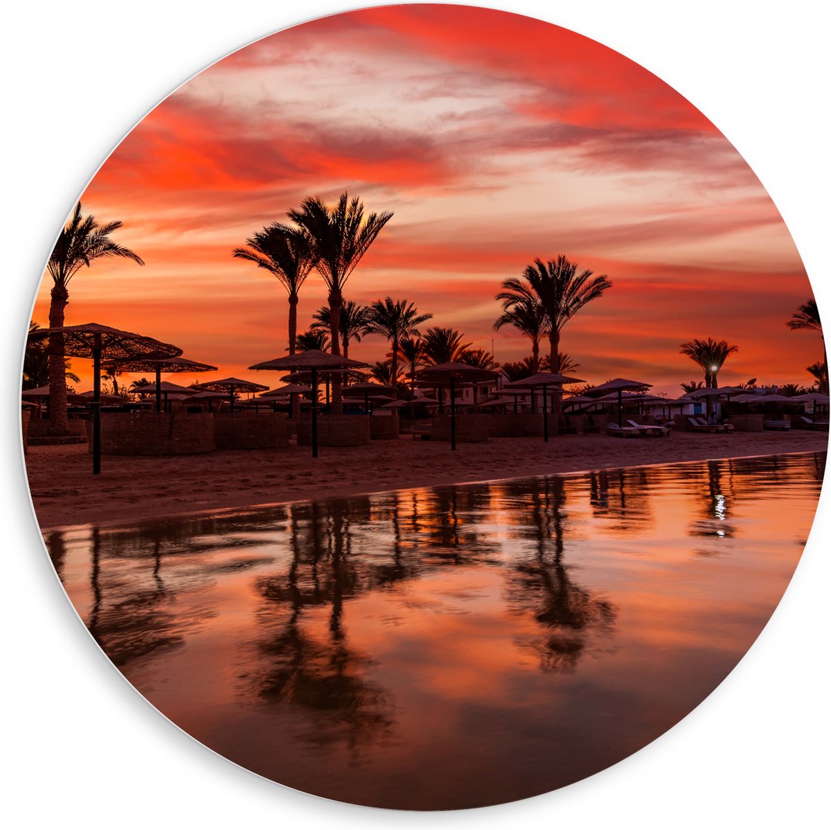 PVC Schuimplaat Muurcirkel - Strand - Zee - Zonsondergang - Parasols - Palmbomen - 80x80 c