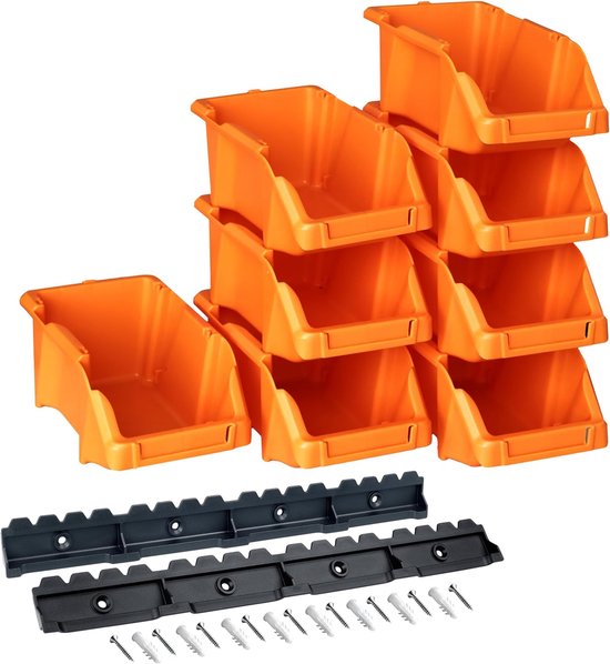 Stapelboxenset – oranje 8-delig – opbergboxen 16 x 9 x 7 cm met wandhouder voor werkplaats en garage voor het opbergen van schroeven en gereedschap