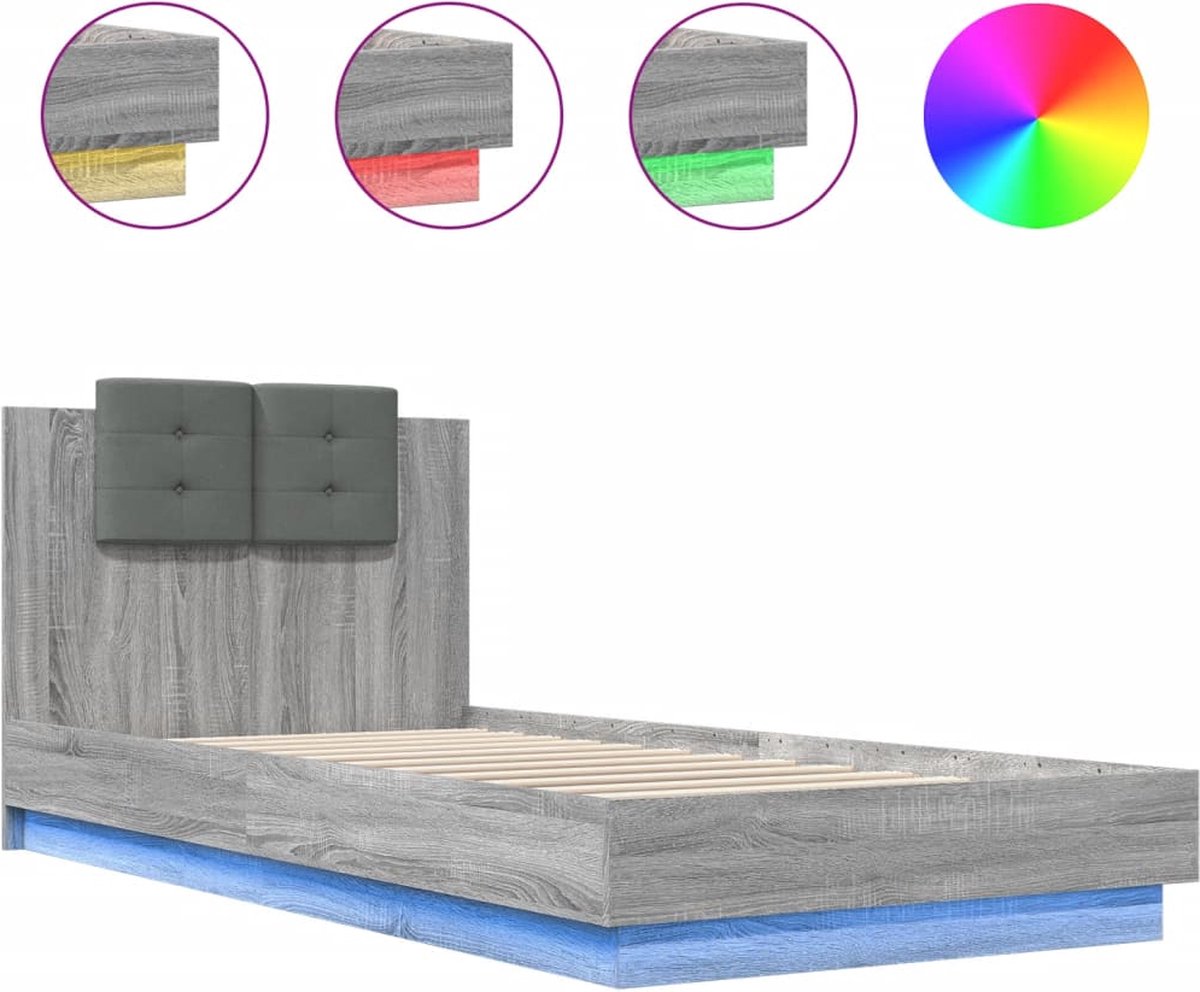vidaXL - Bedframe - met - hoofdbord - en - LED - grijs - sonoma - eikenkleur - 90x200 - cm
