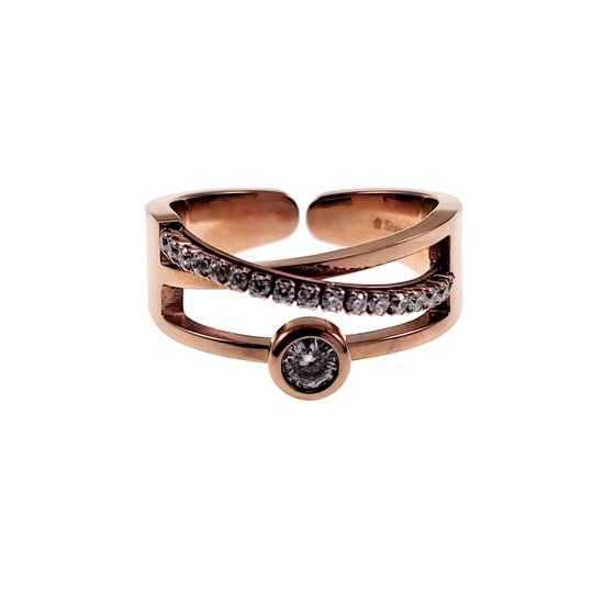 Large bague plaqué or rose avec un design entrecroisé, sertie de pierres claires.