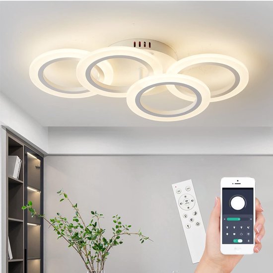 LuxiLamp - 4 Ringen Plafondlamp - Smart Lamp - Kroonluchter - Wit - Dimbaar Met Afstandsbediening & APP - Woonkamerlamp - 50 cm - LED Moderne Plafondlamp - 30W