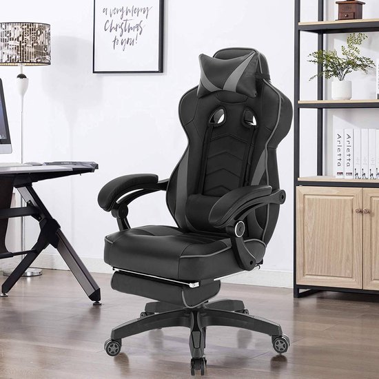 ALFORDSON Bureaustoel Massage Gaming Executive Stoel PU Leer Computer Race-stijl Stof, Grijs