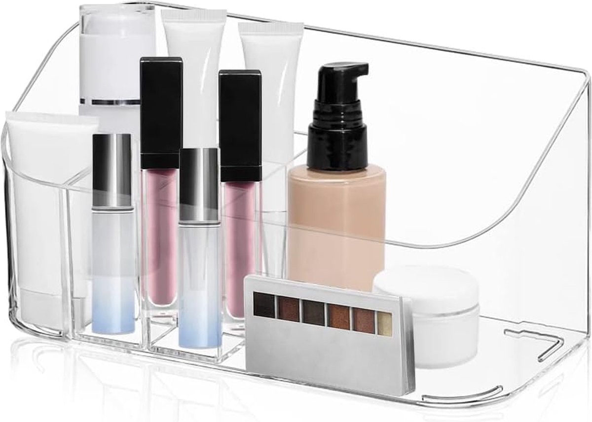 Make-up organizer, transparant, cosmetica-organizer, acryl met 9 vakken, badkamerkast, cosmetica, opberghouder, 2 uitneembare scheidingswanden voor badkamerwastafel, huidverzorging