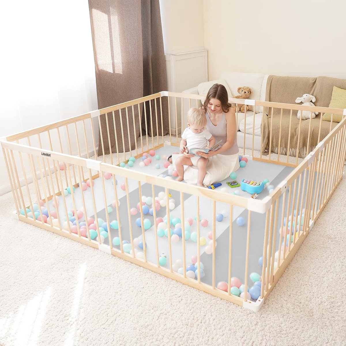 Houten Grondbox Baby & Extra Dikke Speelmat - 160x180 cm - Stabiele, Ongelakte Babybox met Deurtje - Eenvoudige Montage & Demontage (10 min)
