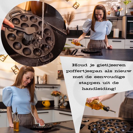 Vrouw maakt poffertjespan schoon. De poffertjespan is een gietijzeren pan met 19 gaten.