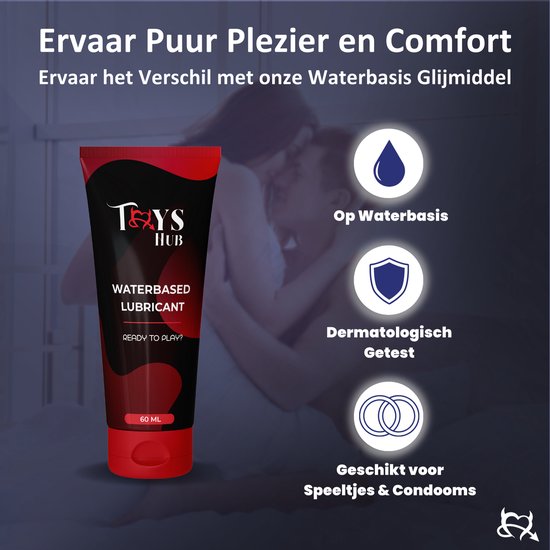 Tube "Waterbased Lubricant" van "Toys Hub" met afbeelding van een koppel op de achtergrond. Iconen: op waterbasis, dermatologisch getest, geschikt voor speeltjes & condooms.