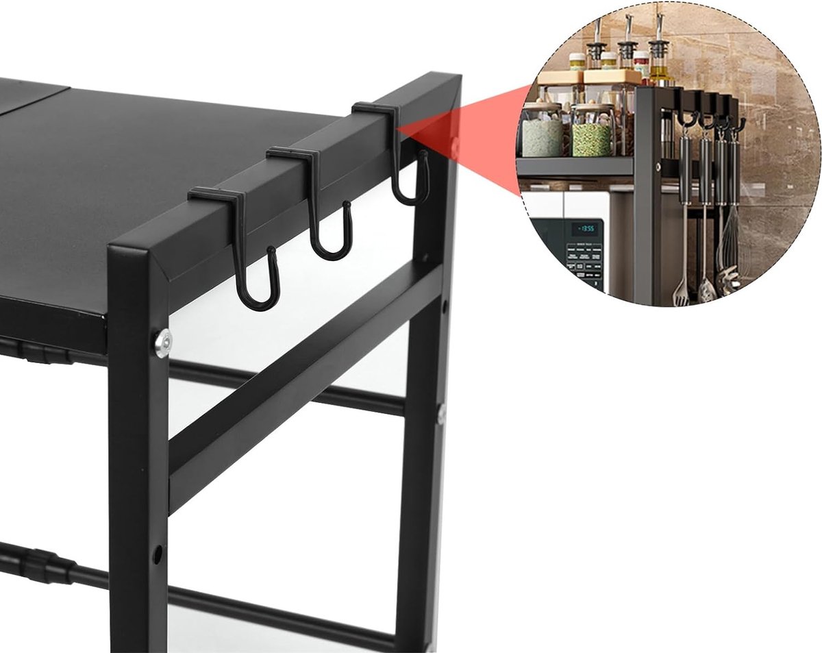 Keukenrek, uittrekbare standaard voor magnetron, ideaal om op te hangen, multifunctionele organizer (42 cm (40-65 cm) (40/64 x 45 x 36,5 cm (zwart), 1 stuk