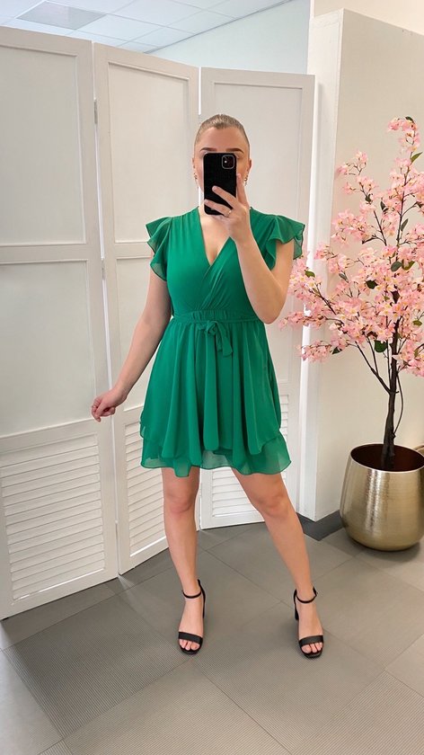 Ruffle jurk Groen Zomerjurk met taille riem Kort jurkje tot de knie Stretch . bol
