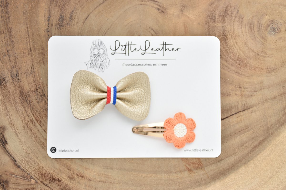 LittleLeather, Koningsdag haarspeldjes set 3 - rood wit blauw - Koningsdagstrik - Lange leve de Koning - Leer - Oranje - Haarstrik - Haarclip - Peuter - Kleuter - Meisje - Haarstrik - Goud - Prinses