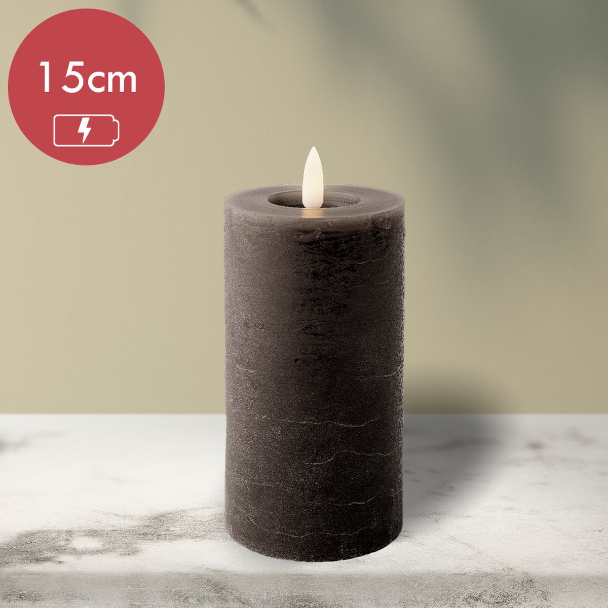 Lumineo LED kaars wax grijs met vlam-effect voor binnen 7 x 15cm