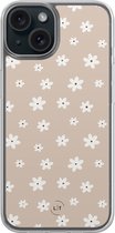 Hoesje geschikt voor iPhone 15 - Cute flowers - 2in1 backcover - Bloemen - Beige - Leuke Telefoonhoesjes