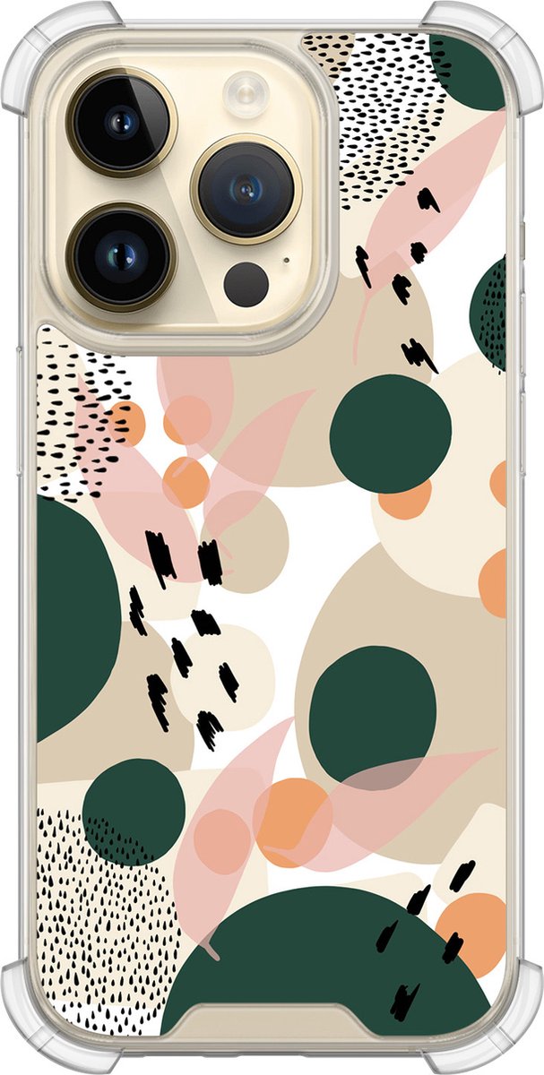 Shockproof hoesje - Geschikt voor iPhone 14 Pro - Abstract painted - Extra sterke case - TPU/polycarbonaat - Print / Illustratie - Beige, Transparant