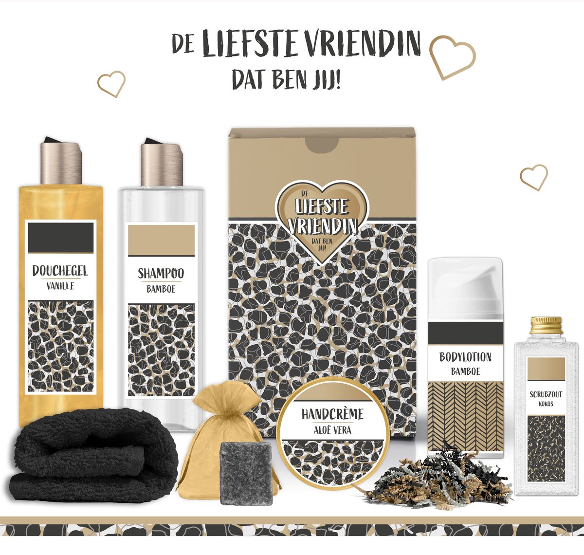 Goedkoopste Geschenkset de Liefste Vriendin dat ben jij ! - 7 producten - 780 gram | Giftset voor haar - Speciaal voor jou - Cadeau Liefs Vriendschap - Verjaardag - Cadeaubox Wellness deluxe - Bedankt Geschenk - Pakket Kerst - Luxe Gift Set - Panter Zwart Goud