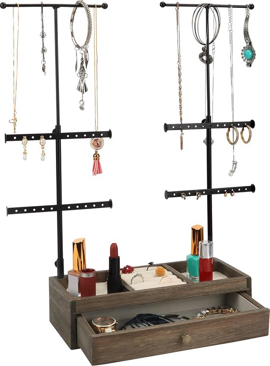 Sieradenorganizer, sieradendisplay, dubbele metalen sieradenstandaard met 3 niveaus en schuifladen, in hoogte verstelbaar, tafelsieradenboom voor kettingen, oorbellen, armbanden en