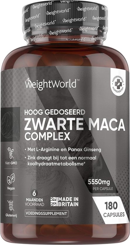 WeightWorld Zwarte Maca capsules - 5000 mg - 180 vegan capsules voor 6 maanden - Met L-Arginine, Zink en Panax Ginseng