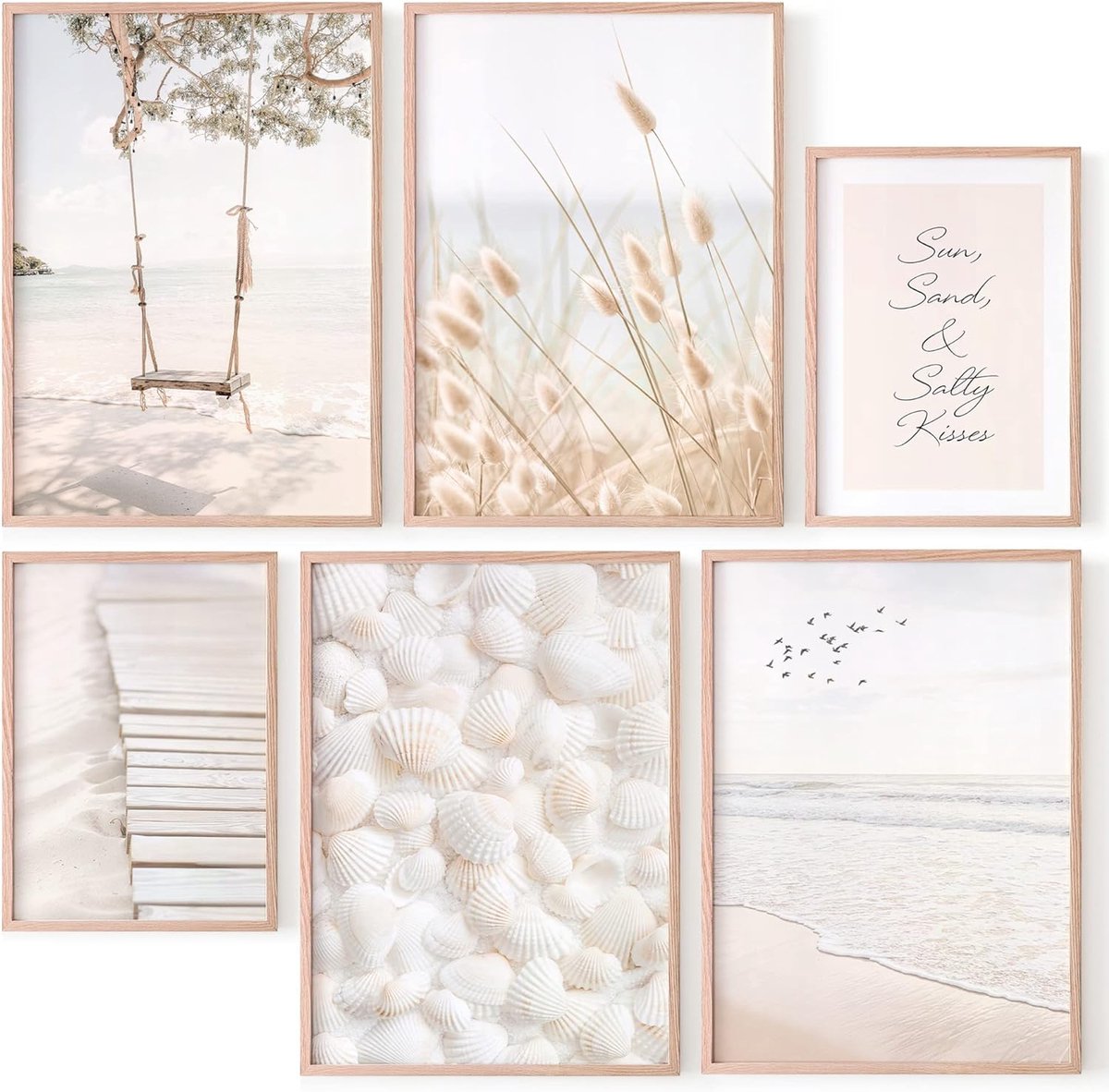 Posterset, meerdelige muurfoto's voor woonkamer, slaapkamer, kunstdrukfotoset om in te lijsten, decoratieve muurposters met 6 kamers zonder lijst, maat 4 x A3 + 2 x A4 (beige strand)
