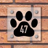 Naambordje voordeur - Honden / katten pootje met huisnummer - 15x15cm - Plexiglas (transparant) - Incl. Bevestigingsset + afstandhouders | Vierkant, variant #28 - naambordjes - naambordje voordeur met huisnummer - naambordje huisnummer - dieren