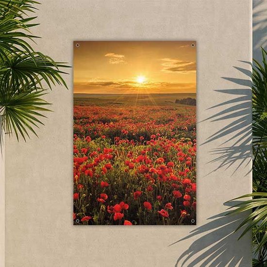 Een staande tuinposter van een uitgestrekt veld vol rode klaprozen bij zonsondergang, met warme zonnestralen.