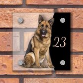 Naambordje voordeur - Duitse herder met huisnummer - 15x15cm - Plexiglas (transparant) - Incl. Bevestigingsset + afstandhouders | Vierkant, variant #27 - naambordjes - naambordje voordeur met huisnummer - naambordje huisnummer - hond