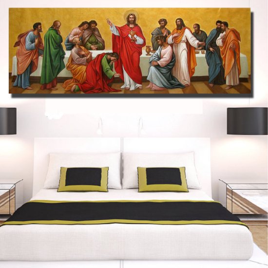 Allernieuwste.nl® Canvas Schilderij Jezus en zijn 12 Discipelen - Kunst aan je Muur - Groot schilderij - Kleur - 30 x 90 cm