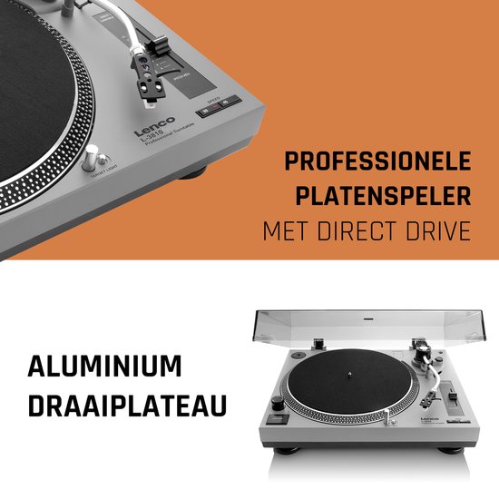Grijze Lenco platenspeler met een aluminium draaiplateau, voorzien van start/stop knop en toonarm.