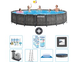 Intex Rond Prism Frame Greywood Zwembad - 549 x 122 cm - Inclusief Pomp - Ladder - Grondzeil - Afdekzeil Onderhoudspakket - Filters - Vloertegels