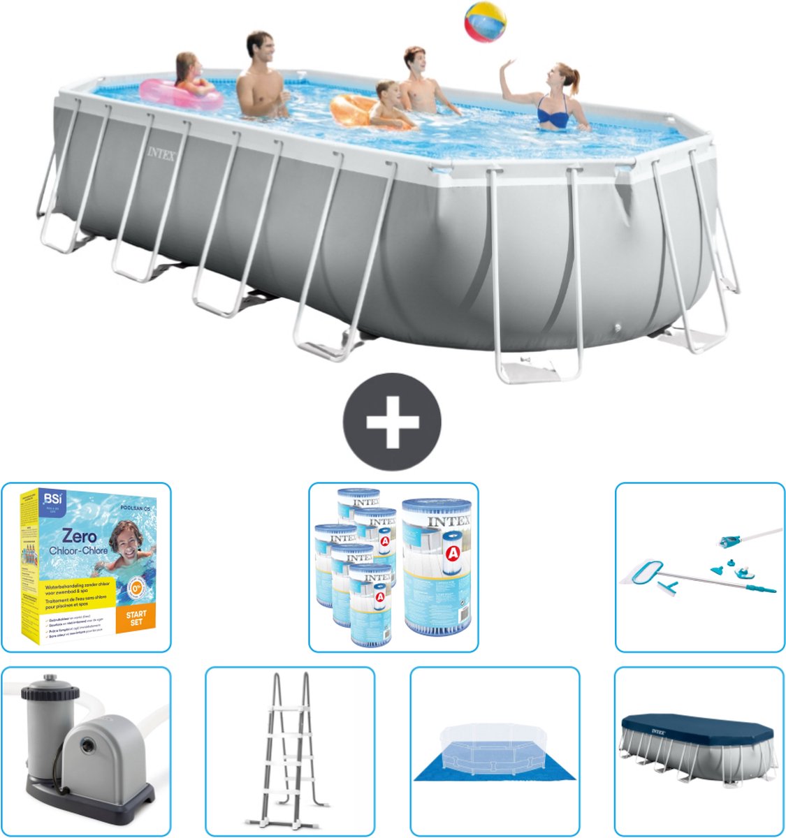 Intex Prism Frame Intex Ovaal Prism Frame Zwembad 610 x 305 x 122 cm Grijs Inclusief Pomp Ladder Grondzeil Afdekzeil Onderhoudspakket Filters Schoonmaakset