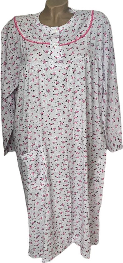 Dames katoenen nachthemd lange mouw met bloemenprint 2804 L wit/roze