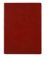 Rood notitieboek met hartje op de voorkant.