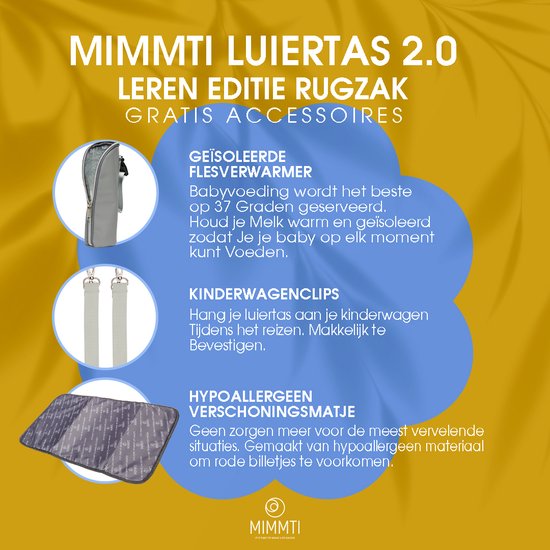 MIMMTI Leren Luiertas Rugzak 2.0 met Verschoonmatje - Grijs - leer - Inclusief flessenwarmhouder - kinderwagenhaken en isoleervak - All in One Bag van Mi — afbeelding 2