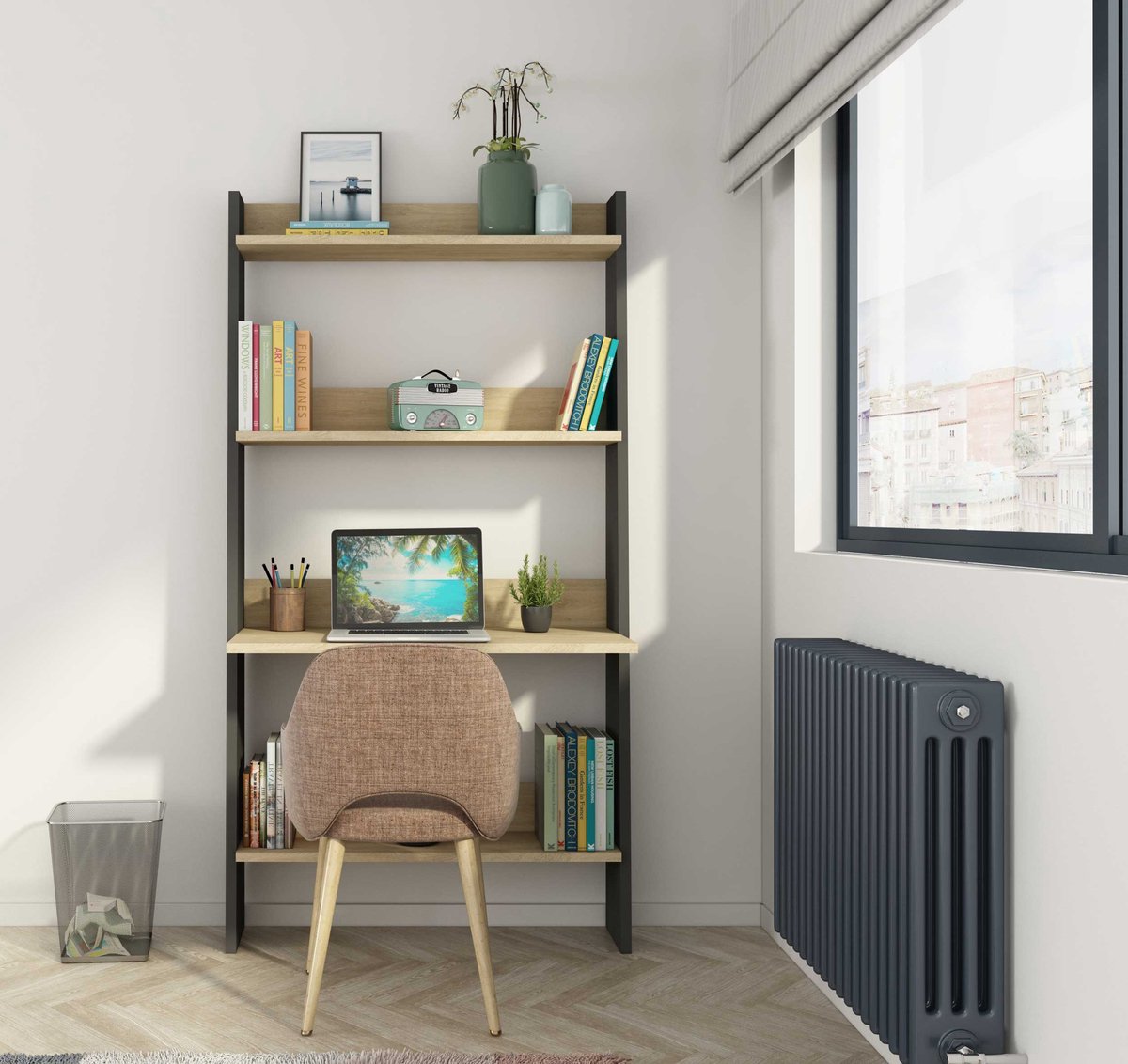 Boekenkast Quinty Met Laptoptafel 95cm 3 Legplanken - Eik Decor/ Grijs - Trasman - Laptoptafel - Bruin - Spaanplaat
