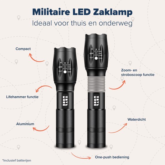 TRVLMORE Militaire LED Zaklamp - 2 stuks - 1000 Lumen - Incl. Batterij - Waterproof - Zwart - TRVLMORE