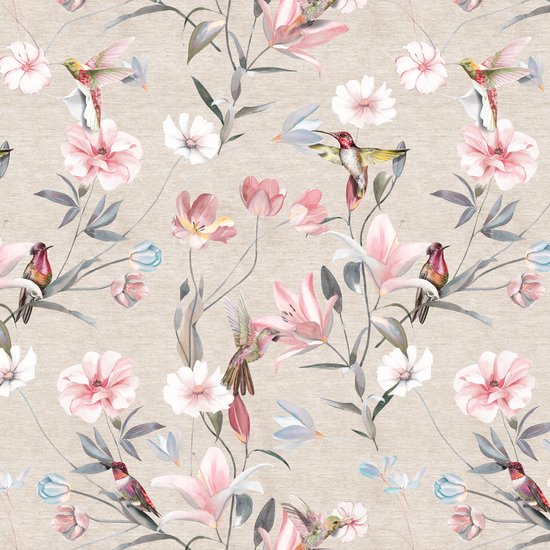 Nappe Raved en Katoen Vogels 140 cm x 350 cm - Rose - Fleurs - Déperlante - Lavable