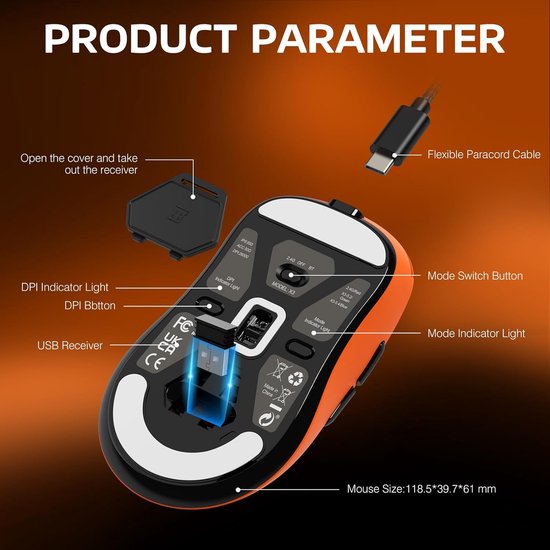 Onderkant van een oranje gamingmuis die de "PRODUCT PARAMETER" toont, met USB-ontvanger en kabel.