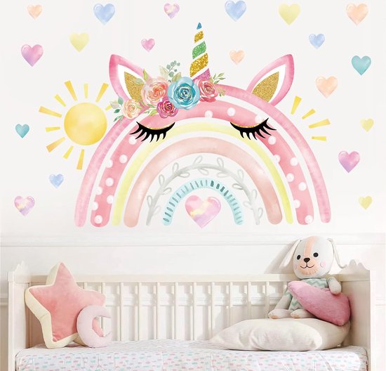 Aquarel Grote Regenboog Muurstickers Eenhoorn Harten Zon Peel en Stok Wall Art Decals voor Meisjes Slaapkamer Baby Nursery Kids
