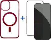 Optimity hoesje voor iPhone 14 Clear Case Magnetic wijnrood + Privacy Anti-Spy Gehard Glas Schermbeschermer