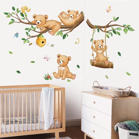 Stickers muraux ours de forêt, Animaux de la Jungle sur branche d'arbre, sparadrap muraux , Décoration murale pour chambre de Bébé