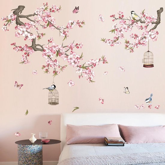 Muursticker de cage à oiseaux de branche de Fleurs de cerisier rose pour salon chambre à coucher