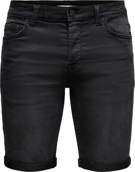 Zwarte denim shorts met regular fit en opgerolde zoom, van voren gezien.