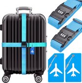 Sangle de valise BOTC avec serrure à numéro - 4 pièces - 2 sangles de valise avec serrure à numéro + 2 étiquettes à bagages - 200 cm * 5 cm - Riem de bagage - Sangle de bagage - Réglable -