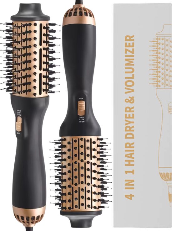 TabaTaba 4-in-1 Föhnborstel - Keramische Magic Brush - Ionische Stijltang Borstel Keramische Haardrogerborstel - 1200W - Zwart/Goud