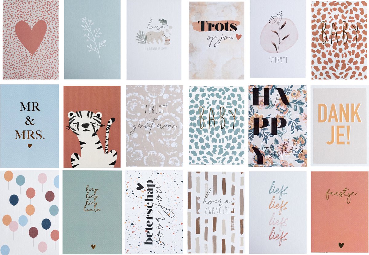 ByStudio-Steef | Kaartenset mix | Set van 18 ansichtkaarten | verjaardagskaarten | kaartjes om te versturen | hippe kaartjes | kaartjes met tekst | wenskaarten | felicitatiekaarten | babykaart | verjaardagskaart | hippe wenskaarten verjaardag