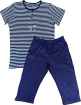 Dames Pyjama - Katoen - Zomer - 3/4 broek - Donkerblauw Gestreept - Maat S