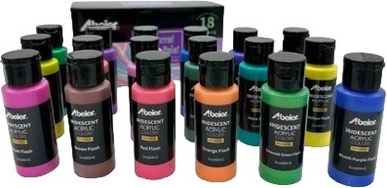 MGM Trading Niet-toxische Iridescent Acrylverf door Abeier - Collectie van 18 Magische, Glanzende Tinten - 60ml flesjes met Hoge Viscositeit - Perfect voor Creatieve Projecten op Canvas, Hout, Stof, Steen & Keramiek