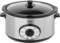 Zilverkleurige Lund slowcooker met glazen deksel en digitaal bedieningspaneel.