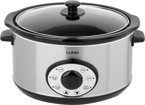 Zilverkleurige Lund slowcooker met glazen deksel en digitaal bedieningspaneel.