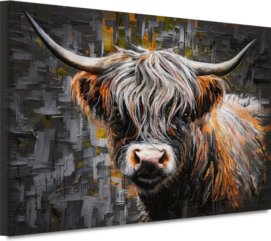Schotse hooglander schilderijen - Dier schilderij - Schilderijen canvas Strepen - Wanddecoratie modern - Canvas - Wanddecoratie slaapkamer 100x75 cm