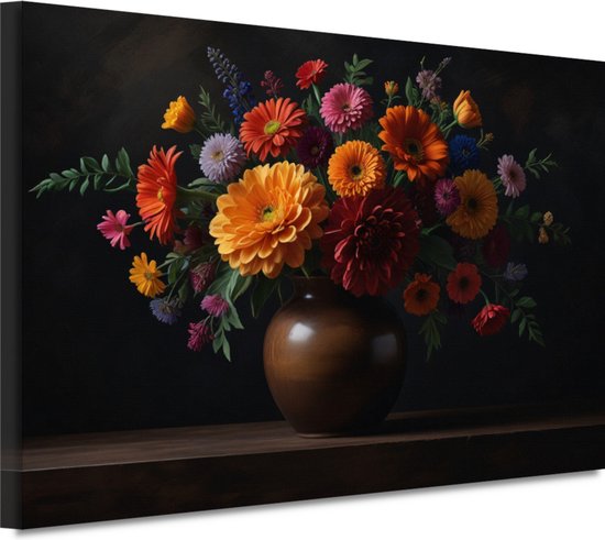 Bloemen wanddecoratie - Natuur schilderijen - Schilderijen canvas Vaas - Wanddecoratie modern - Canvas - Decoratie kamer 100x75 cm