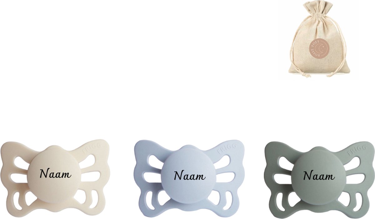 Goedkoopste Frigg butterfly spenen siliconen anatomisch met naam T1 (0-6 maanden) speenzakje - Cream, Sage en Powder blue - fopspenen