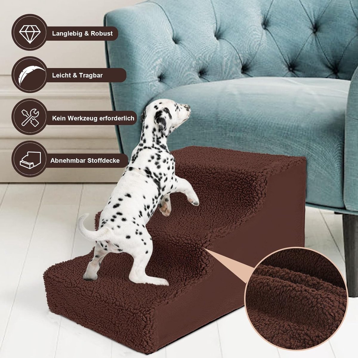 Hondentrap voor kleine honden en katten, 3 treden, huisdiertrap, wasbaar, afneembaar, voor bank, bed, hondenhelling met pluche overtrek, pluisrol, handschoen en rubberen pads